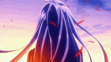 a girl with long purple hair stands in front of a sunset sky