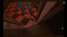 a video game character is walking through a doorway in a dark room .