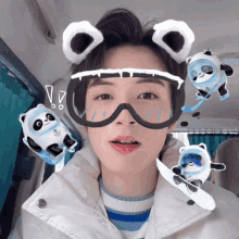 a person wearing a pair of ski goggles with a panda bear on them