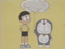 a cartoon drawing of doraemon and nobita holding an umbrella