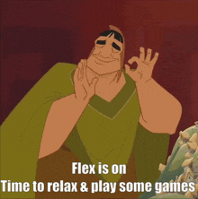 a cartoon character giving an ok sign with the words flex is on time to relax and play some games