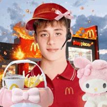 a man wearing a mcdonald 's hat and headset