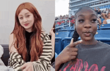 a woman with red hair is next to a woman with black hair in a stadium ..