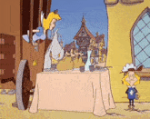 a cartoon of a woman standing next to a table with food on it and a man standing next to it .