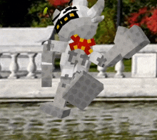 a cartoon character is jumping in the air in front of a fountain