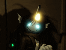 a cartoon character with glowing eyes and a light on his head