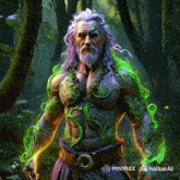 a painting of a man with purple hair and green vines around him