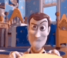 woody from toy story is holding a piece of paper in his hands in a bedroom .