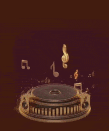 a guitar is on a podium with music notes and a person holding it