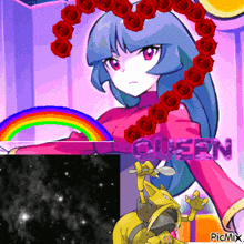 a picture of a girl with roses around her neck and the word queen