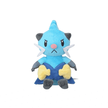 a blue stuffed animal with a pink nose and a blue and yellow outfit