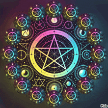 a colorful circular design with a pentagram in the center