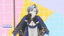 a man in a blue and gold outfit is standing with his arms outstretched
