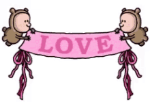 two teddy bears holding a pink banner that says love