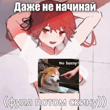 a picture of a girl with red hair and a picture of a dog that says " no horny "
