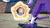 a cartoon character in a purple costume is standing in front of a circle of light .