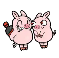 two pigs are kissing and one has a bottle of beer