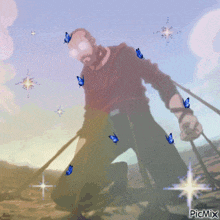 a painting of a man kneeling down with butterflies flying around him