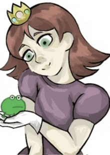 a girl with a crown on her head is holding a frog .
