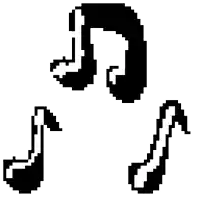 a black and white pixel art drawing of three music notes .