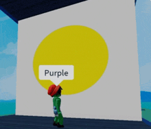 a person standing in front of a yellow circle with a speech bubble that says purple