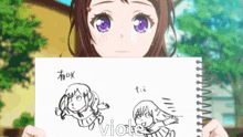a girl with purple eyes is holding a piece of paper with a drawing of a girl and the word viole on it