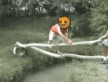 a person with a smiley face on their face is standing on a tree branch