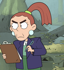 a cartoon woman is holding a clipboard and pen
