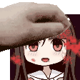 a hand is touching a cartoon girl 's head with a hat .