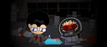 a cartoon of a man and a robot playing chess