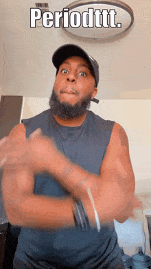 a man with a beard is wearing a black hat and a black tank top with the words periodtt on it