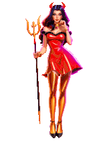 a woman in a devil costume holding a trident