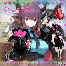 a picture of a girl holding a gun and surrounded by cows and butterflies with picmix written at the bottom