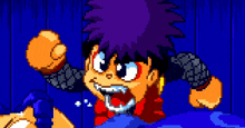 a pixel art of a boy with purple hair and red arms