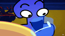 a cartoon drawing of a blue cartoon character with a yellow background and the letters b and g on the bottom right