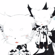 a white cat with black ears is standing next to a black cat with white ears