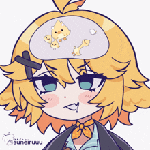 a drawing of a girl with chicks coming out of her head and the name suneiruuu on the bottom
