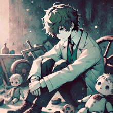 a boy is sitting in a room with dolls and a wagon wheel
