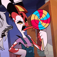 a cartoon character with a gun and a lollipop