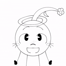 a black and white drawing of a cartoon character with a flower on its head