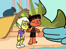 two cartoon characters standing next to each other with a blue hand in the background