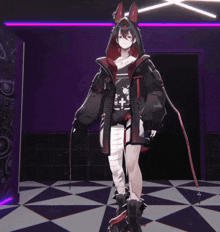 a girl with a bandaged leg is standing in a room