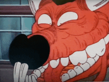 a close up of a cartoon character 's mouth with a black nose