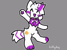 a pixel art drawing of a white and purple furry animal with a purple bow tie .