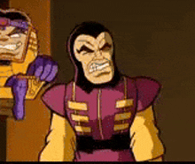 a cartoon character in a purple and yellow suit is standing next to another cartoon character in a yellow suit .