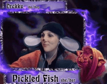 a picture of a woman wearing ear plugs and a picture of a pickled fish
