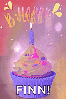 a birthday card with a cupcake with a candle and the words happy birthday finn .