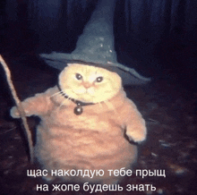 a cat wearing a witch hat and holding a cane