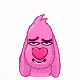 a pink cartoon dog with a heart shaped nose and tongue sticking out is making a funny face .