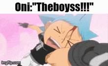 a cartoon character with a blue star on his head and the words `` oni : the boys !!! '' .